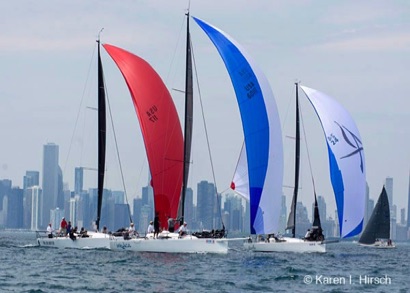 National Offshore One Design red white and blue spinnakers